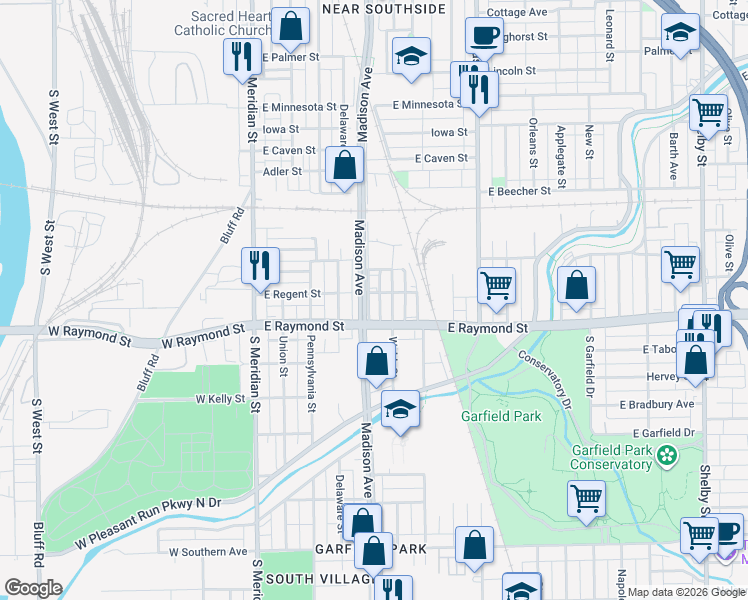 map of restaurants, bars, coffee shops, grocery stores, and more near 2153 Madison Avenue in Indianapolis
