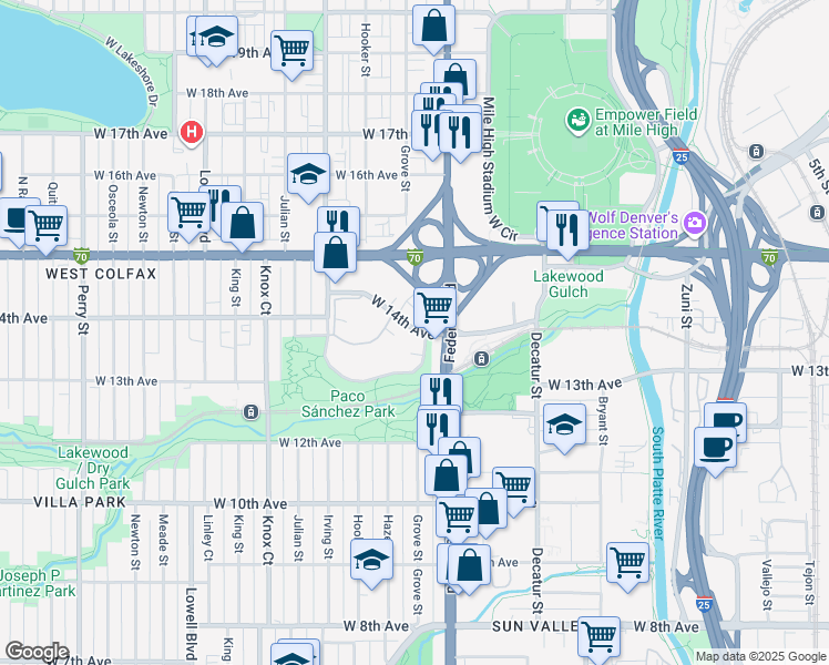 map of restaurants, bars, coffee shops, grocery stores, and more near in Denver