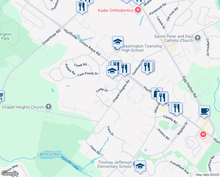 map of restaurants, bars, coffee shops, grocery stores, and more near 3 Windsor Court in Washington Township