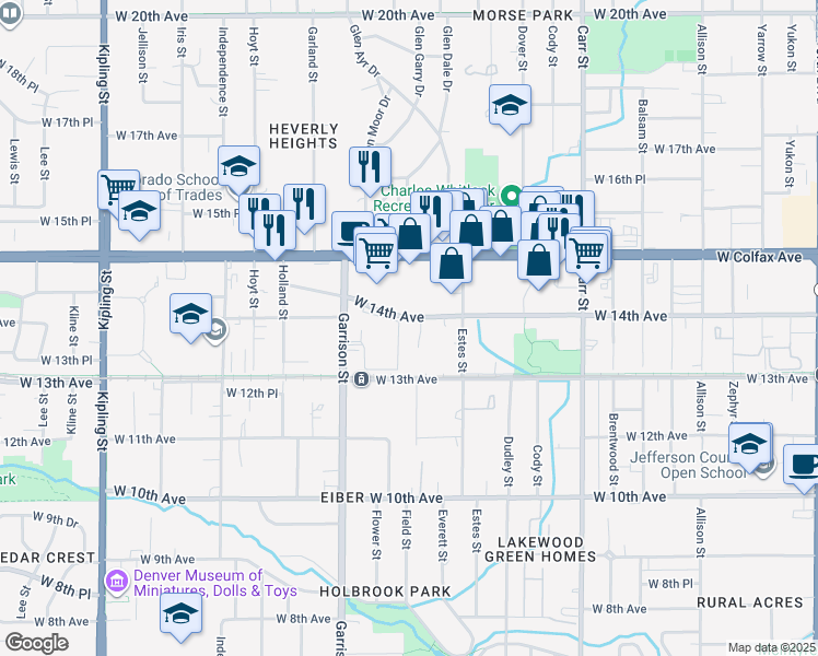 map of restaurants, bars, coffee shops, grocery stores, and more near 1375 Everett Court in Lakewood