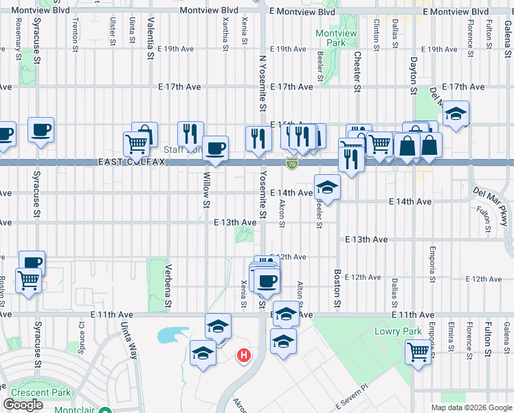 map of restaurants, bars, coffee shops, grocery stores, and more near 1345 Yosemite Street in Denver