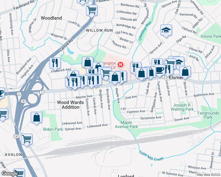 map of restaurants, bars, coffee shops, grocery stores, and more near 1900 Kirkwood Highway in Wilmington