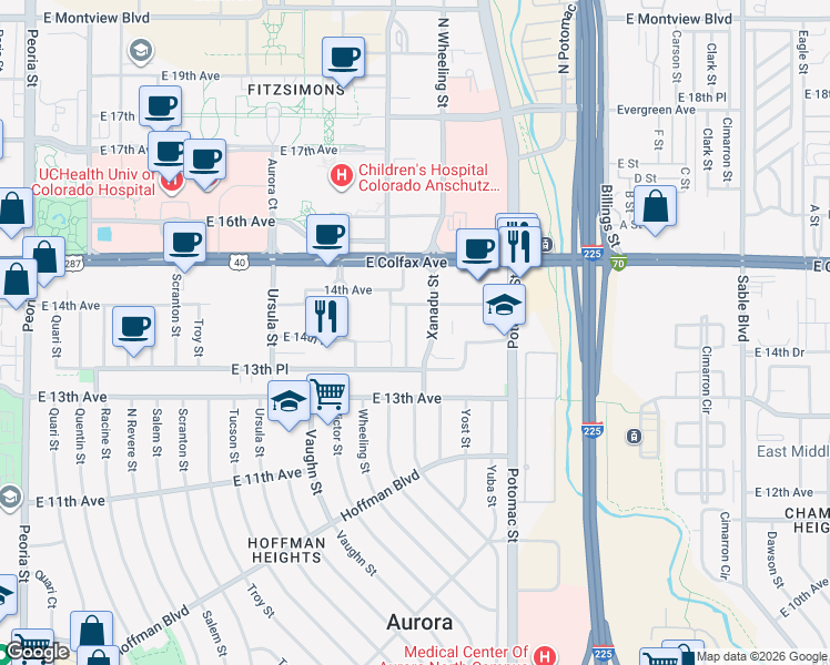 map of restaurants, bars, coffee shops, grocery stores, and more near 1352 Worchester Street in Aurora