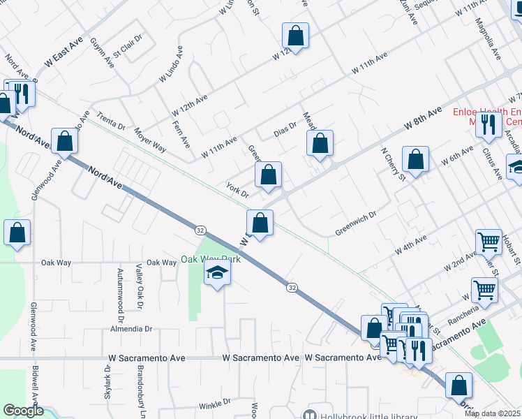 map of restaurants, bars, coffee shops, grocery stores, and more near 1212 West 8th Avenue in Chico