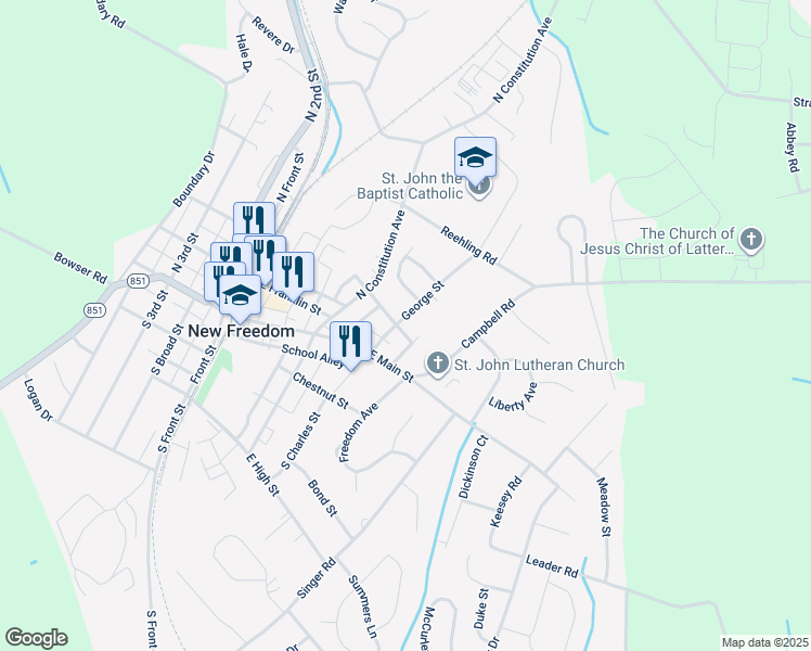 map of restaurants, bars, coffee shops, grocery stores, and more near 201 George Street in New Freedom