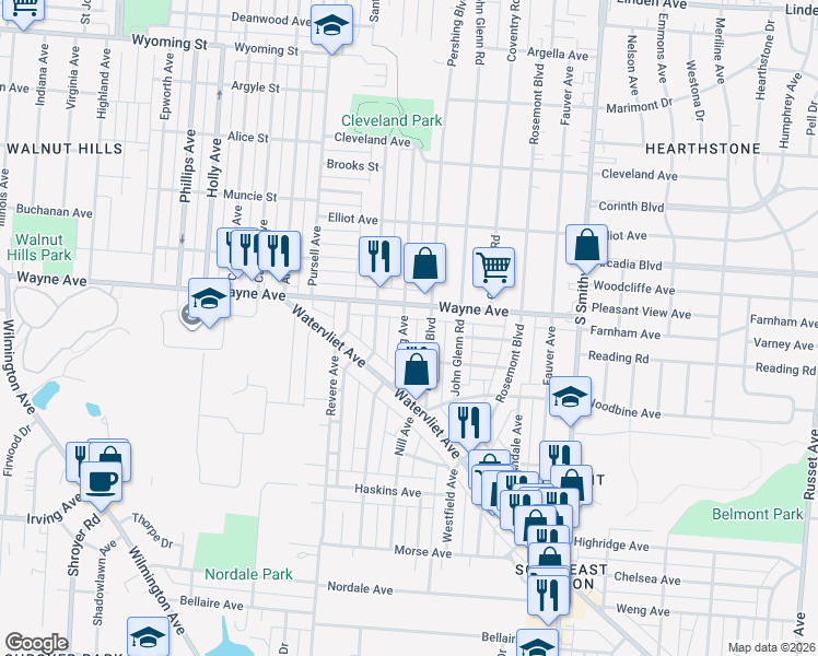 map of restaurants, bars, coffee shops, grocery stores, and more near 2022 King Avenue in Dayton