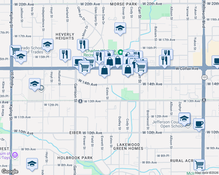 map of restaurants, bars, coffee shops, grocery stores, and more near 8730 West 14th Avenue in Lakewood