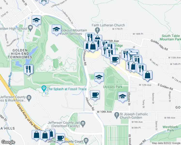 map of restaurants, bars, coffee shops, grocery stores, and more near 17782 West 14th Avenue in Golden