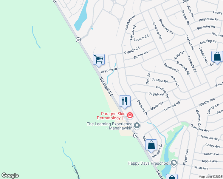 map of restaurants, bars, coffee shops, grocery stores, and more near 136 Gaff Road in Stafford Township
