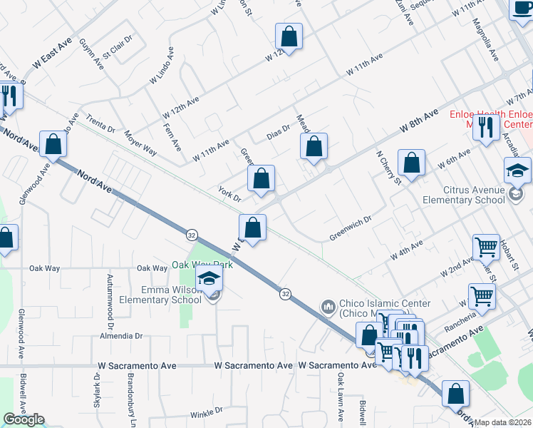 map of restaurants, bars, coffee shops, grocery stores, and more near 1212 West 8th Avenue in Chico