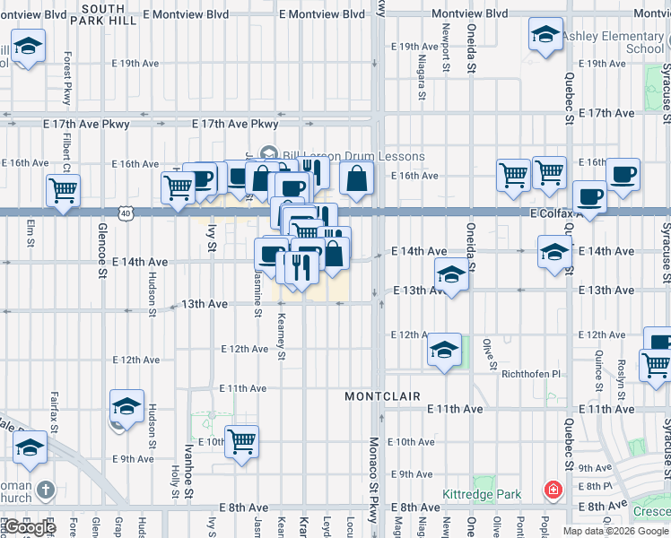map of restaurants, bars, coffee shops, grocery stores, and more near in Denver