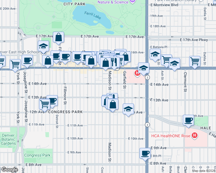 map of restaurants, bars, coffee shops, grocery stores, and more near 1364 Madison Street in Denver