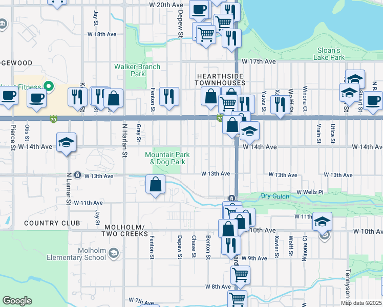 map of restaurants, bars, coffee shops, grocery stores, and more near 1357 Chase Street in Lakewood