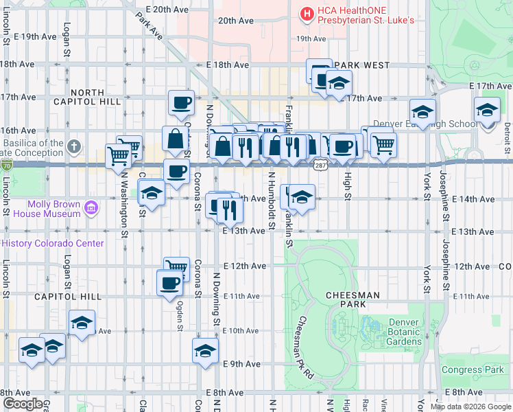 map of restaurants, bars, coffee shops, grocery stores, and more near 1359 Humboldt Street in Denver
