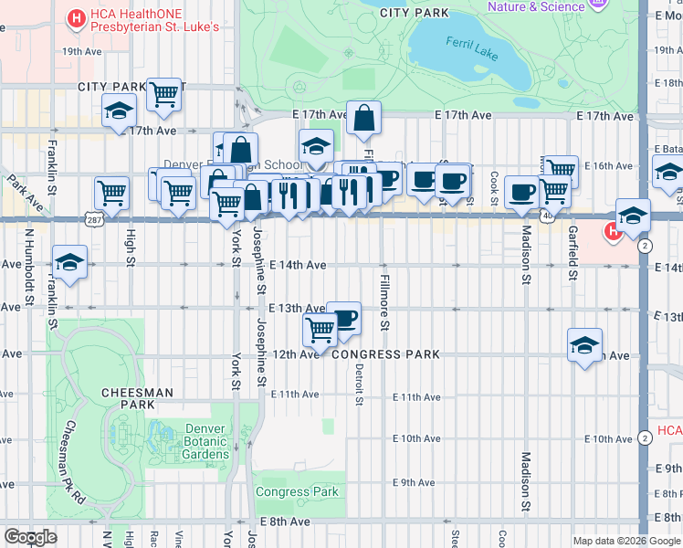 map of restaurants, bars, coffee shops, grocery stores, and more near 1362 Clayton Street in Denver