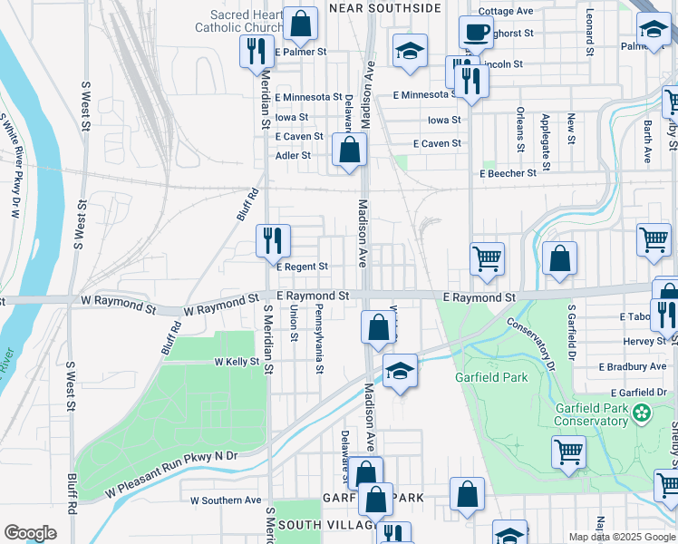 map of restaurants, bars, coffee shops, grocery stores, and more near 2154 Delaware Street in Indianapolis