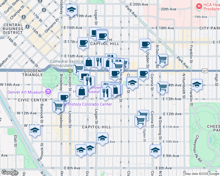 map of restaurants, bars, coffee shops, grocery stores, and more near 1357 North Pearl Street in Denver