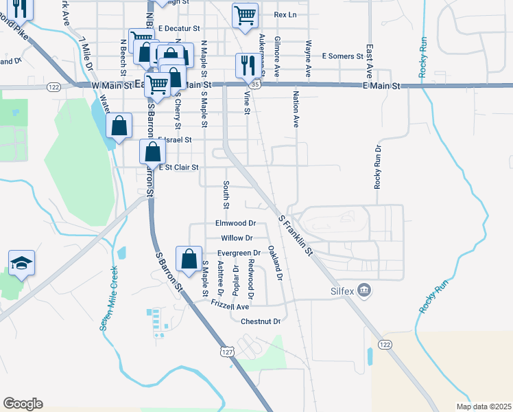 map of restaurants, bars, coffee shops, grocery stores, and more near 111 Village Drive South in Eaton