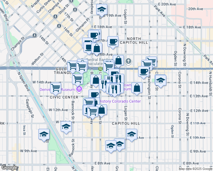 map of restaurants, bars, coffee shops, grocery stores, and more near 1357 Sherman Street in Denver