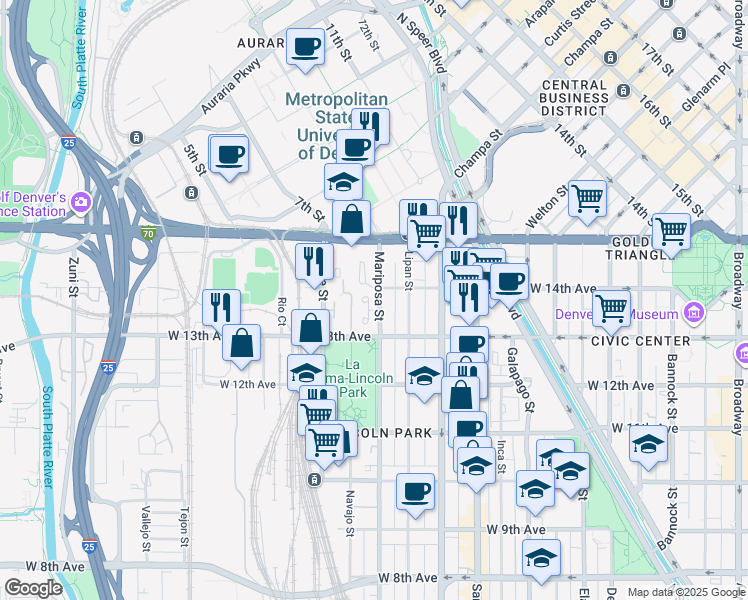 map of restaurants, bars, coffee shops, grocery stores, and more near 1381 Mariposa Street in Denver