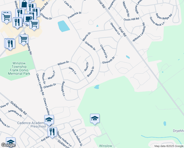 map of restaurants, bars, coffee shops, grocery stores, and more near 42 Brearly Drive in Winslow Township