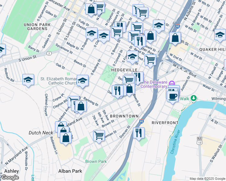 map of restaurants, bars, coffee shops, grocery stores, and more near 735 Warner Street in Wilmington