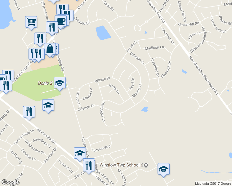 map of restaurants, bars, coffee shops, grocery stores, and more near 22 Gerry Lane in Sicklerville