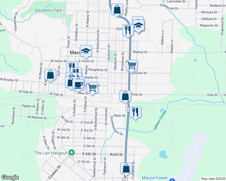 map of restaurants, bars, coffee shops, grocery stores, and more near 101 Madison Street in Macon