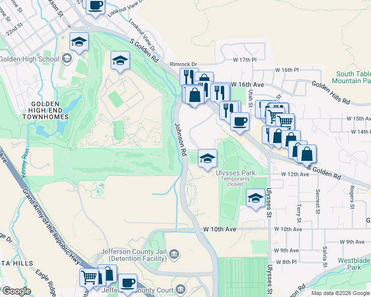 map of restaurants, bars, coffee shops, grocery stores, and more near 17794 West 14th Avenue in Golden