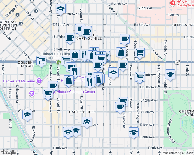 map of restaurants, bars, coffee shops, grocery stores, and more near 1357 North Pearl Street in Denver