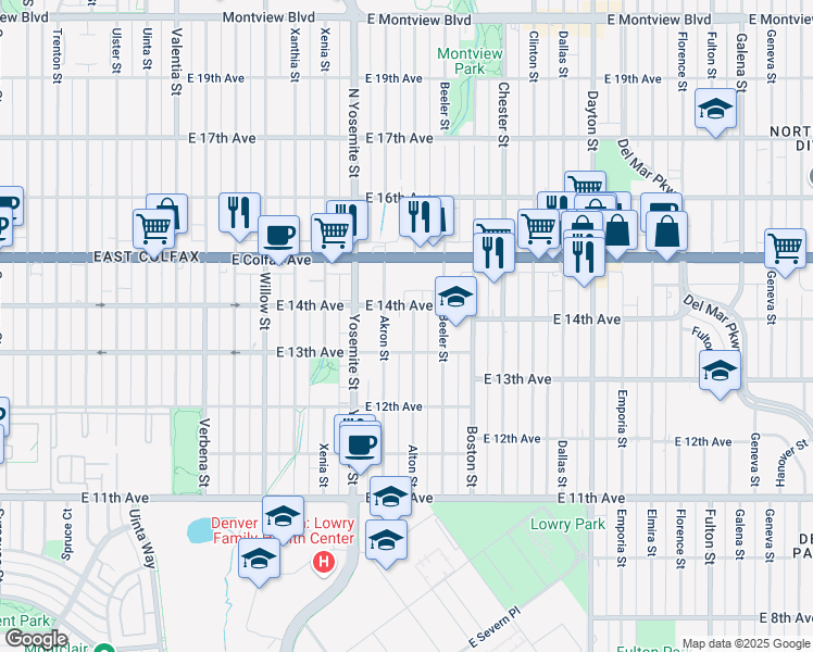 map of restaurants, bars, coffee shops, grocery stores, and more near 1365 Alton Street in Aurora