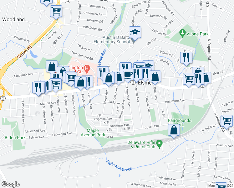 map of restaurants, bars, coffee shops, grocery stores, and more near 8 Oak Avenue in Wilmington