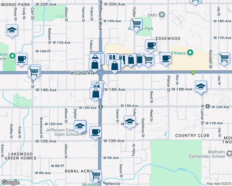 map of restaurants, bars, coffee shops, grocery stores, and more near 7302 West 14th Avenue in Lakewood