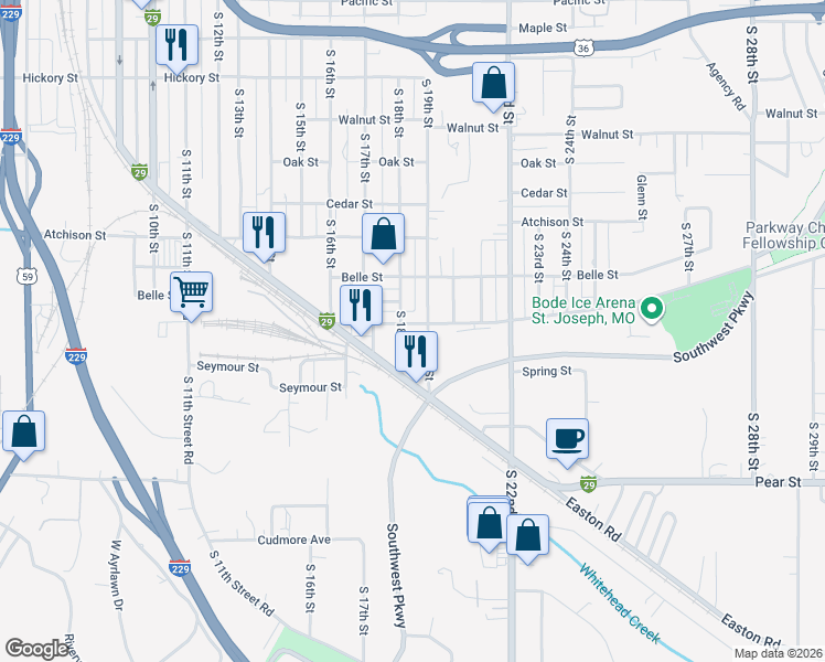 map of restaurants, bars, coffee shops, grocery stores, and more near 2906 South 19th Street in Saint Joseph