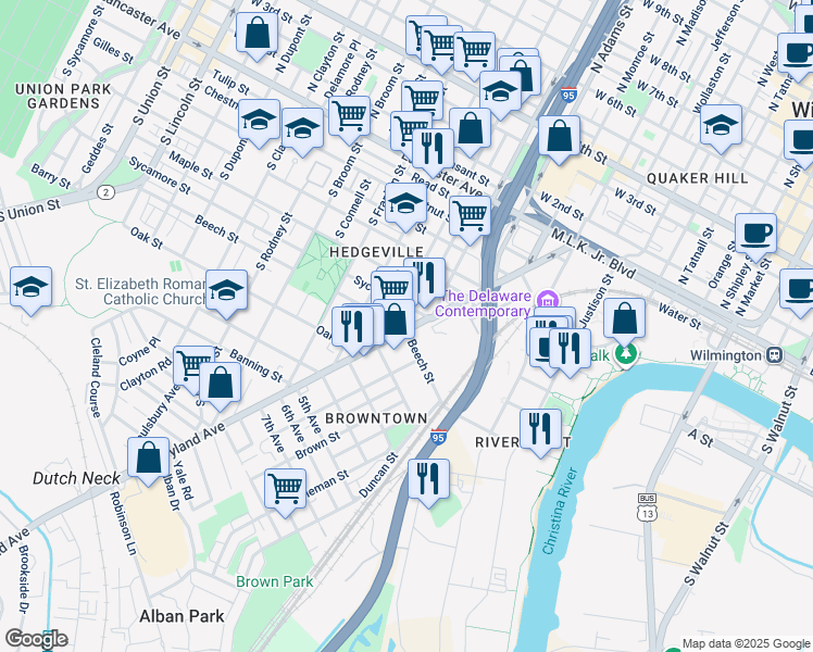 map of restaurants, bars, coffee shops, grocery stores, and more near in Wilmington