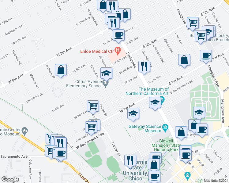 map of restaurants, bars, coffee shops, grocery stores, and more near 325 West 3rd Avenue in Chico