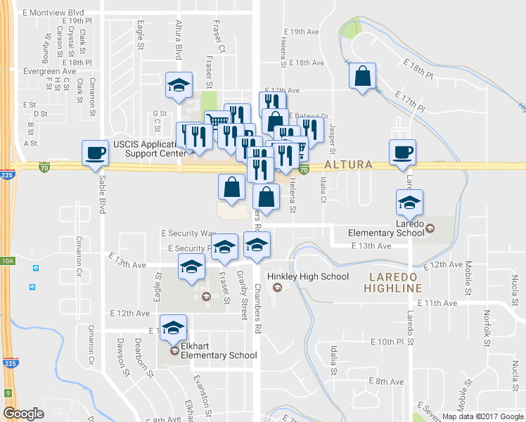 map of restaurants, bars, coffee shops, grocery stores, and more near 1390 Chambers Road in Aurora