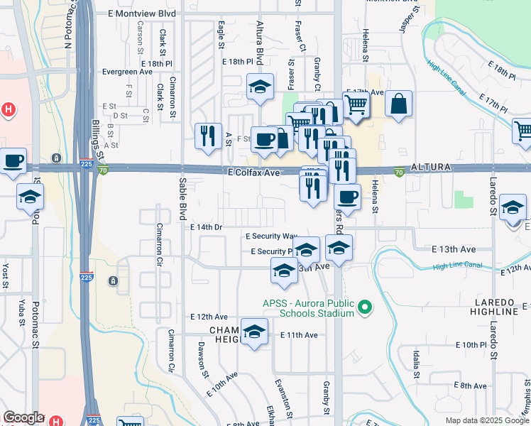 map of restaurants, bars, coffee shops, grocery stores, and more near 14895 East Security Way in Aurora