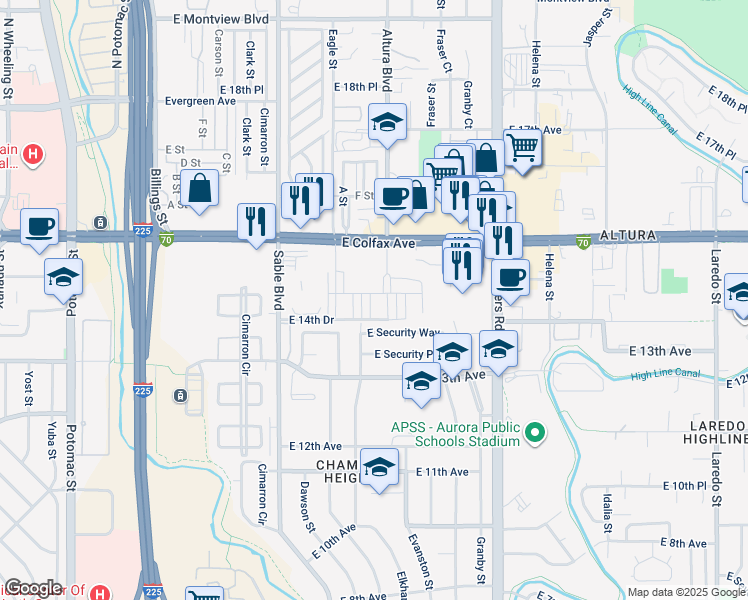 map of restaurants, bars, coffee shops, grocery stores, and more near 14753 East Security Way in Aurora