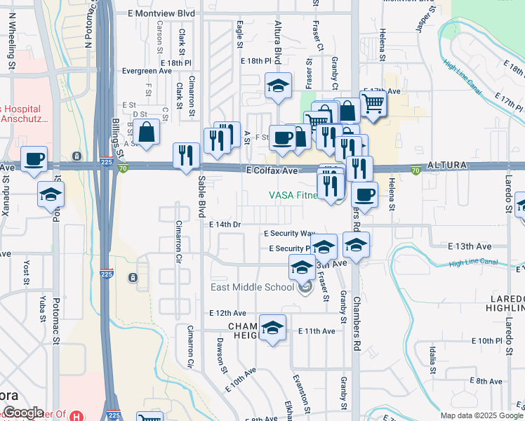 map of restaurants, bars, coffee shops, grocery stores, and more near 14753 East Security Way in Aurora