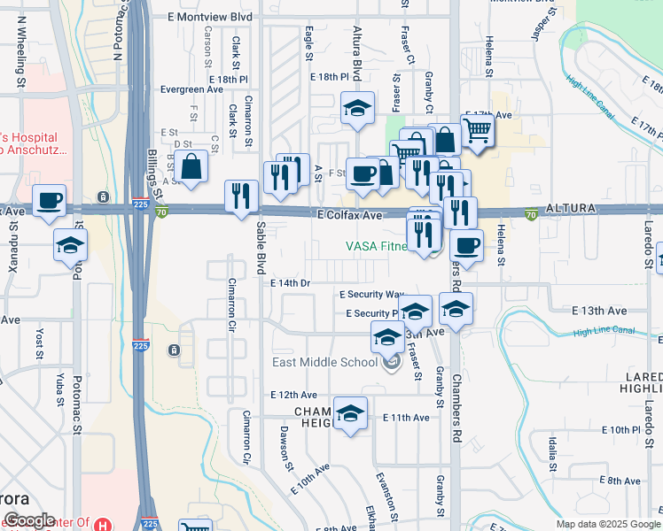 map of restaurants, bars, coffee shops, grocery stores, and more near 14753 East Security Way in Aurora