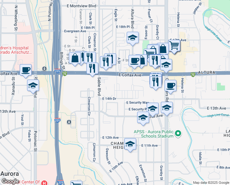 map of restaurants, bars, coffee shops, grocery stores, and more near 14665 East 13th Circle in Aurora