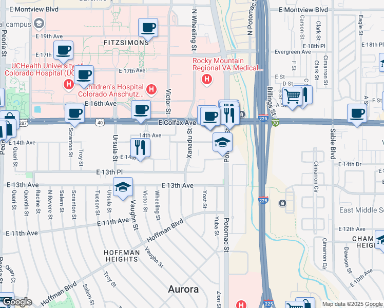 map of restaurants, bars, coffee shops, grocery stores, and more near 1395 Yost Street in Aurora