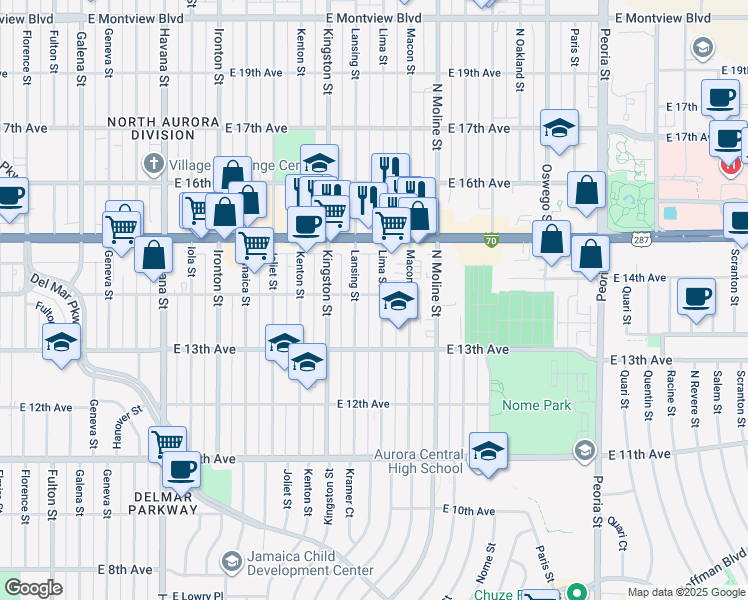 map of restaurants, bars, coffee shops, grocery stores, and more near 1380 Lansing Street in Aurora