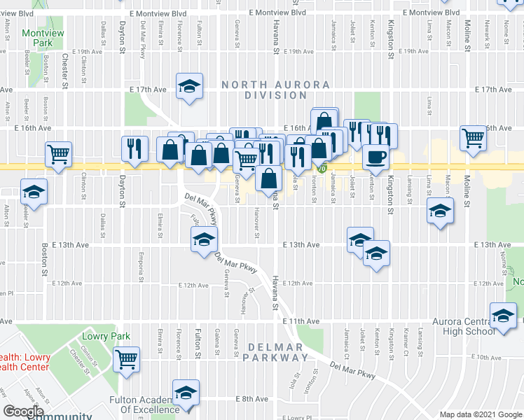 map of restaurants, bars, coffee shops, grocery stores, and more near 1380 Hanover Street in Aurora