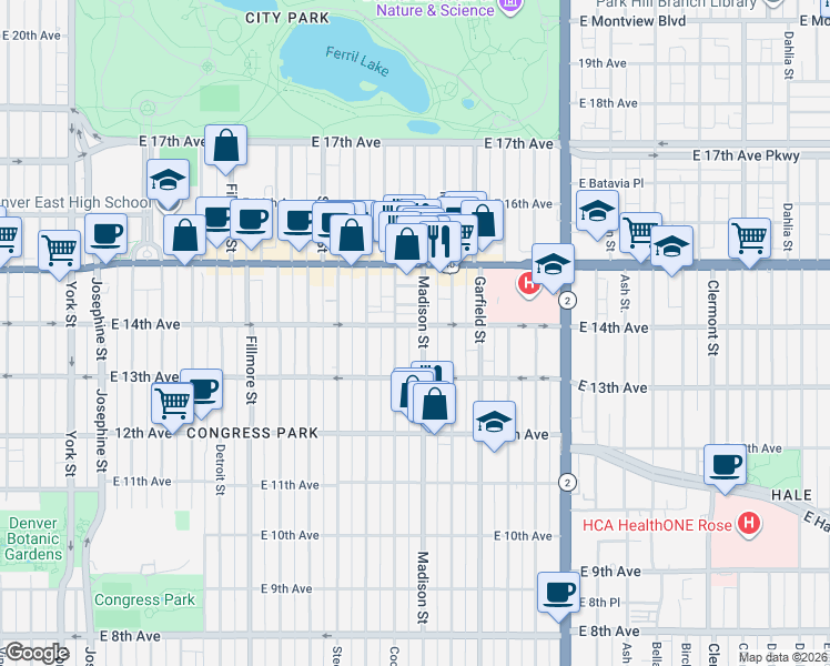 map of restaurants, bars, coffee shops, grocery stores, and more near 1364 Madison Street in Denver