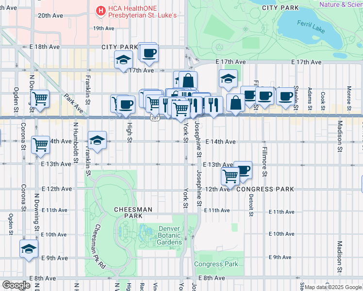 map of restaurants, bars, coffee shops, grocery stores, and more near 1364 York Street in Denver