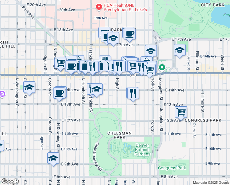map of restaurants, bars, coffee shops, grocery stores, and more near 1368 North Williams Street in Denver