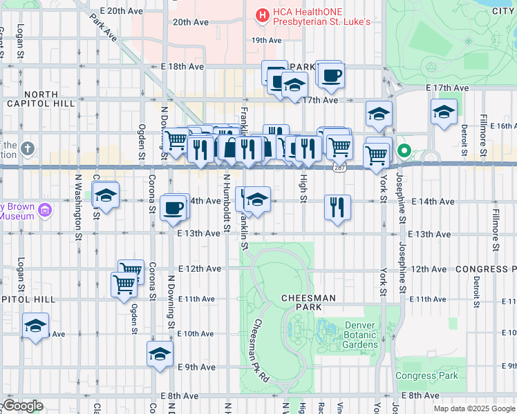 map of restaurants, bars, coffee shops, grocery stores, and more near 1368 Gilpin Street in Denver
