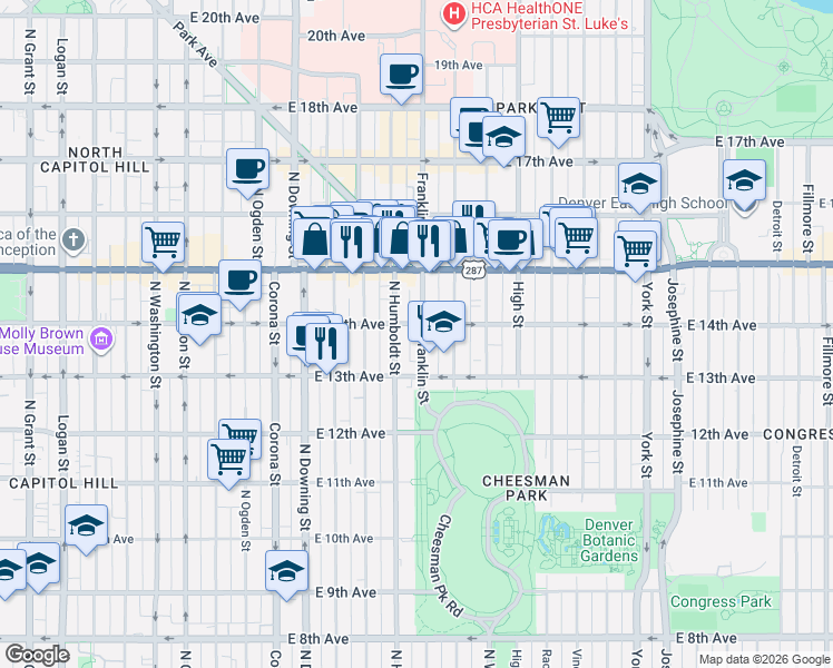 map of restaurants, bars, coffee shops, grocery stores, and more near 1367 Franklin Street in Denver